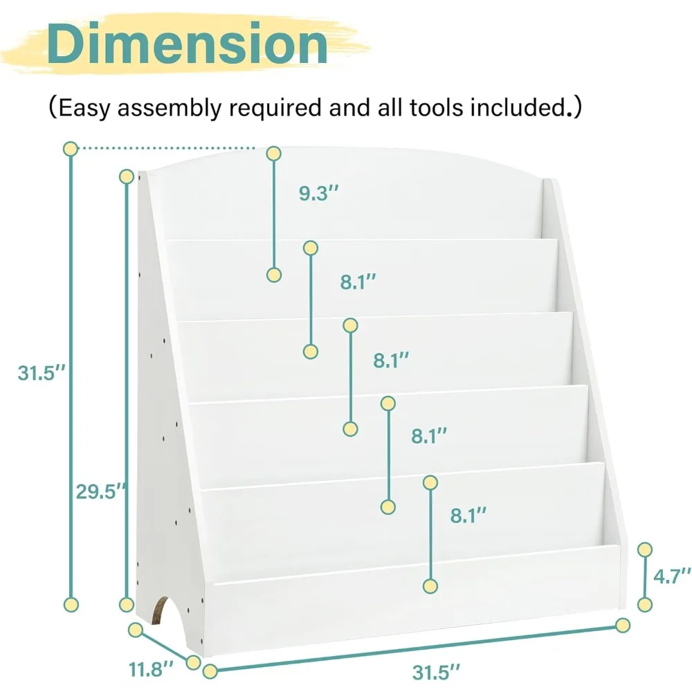 5-Tier Kids Bookshelf - Wooden Children Book Rack for Playrooms, Nursery, and Classrooms (White)