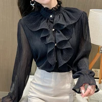 Chemisier en dentelle pour femmes, vêtements Vintage à volants, col montant, chemise en mousseline de soie blanche, manches longues bouffantes, hauts amples élégants, printemps automne 4