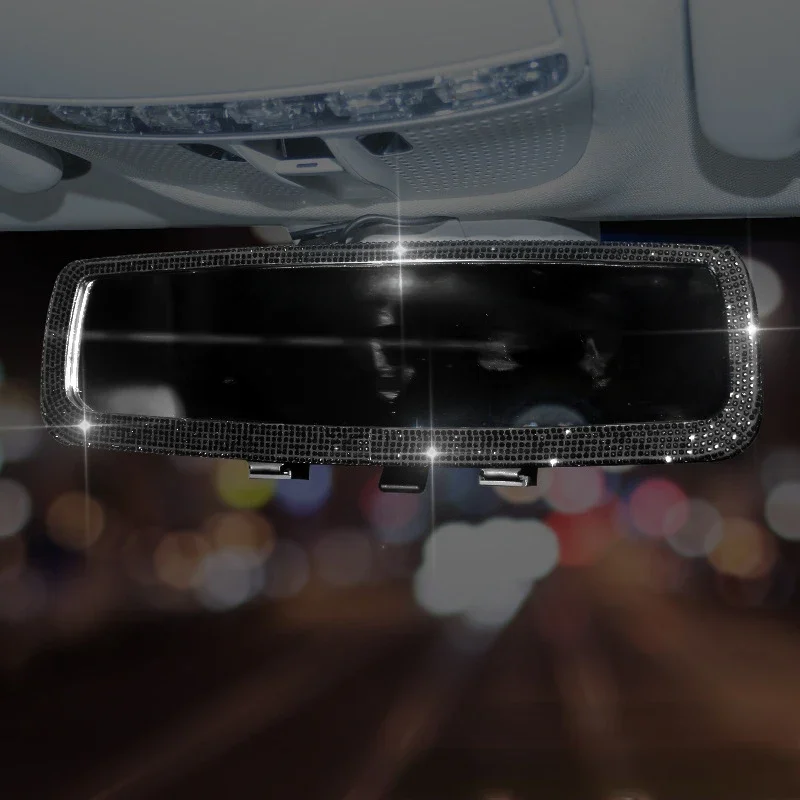 Sparkly Rhinestone Diamond Car Interior Rearview Mirror Decor Ornament Rear View Mirror Cover Car Bling Accessories for Women