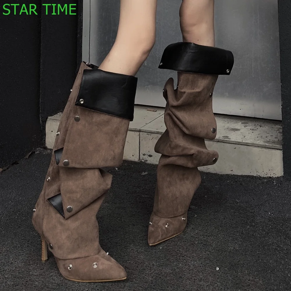 

Metal Buckle Pointed Denim Western Boots New Zipper Street Knee Boots Fashion Women Stiletto Heels