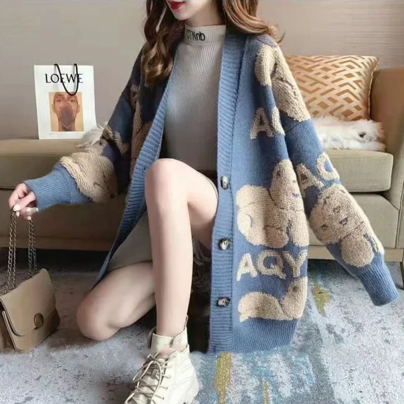 여성용 따뜻한 니트 스웨터 재킷, 패션 가디건 코트, 레이디 슬림핏 V넥, 여성 탑 캐주얼 아우터, 가을 겨울