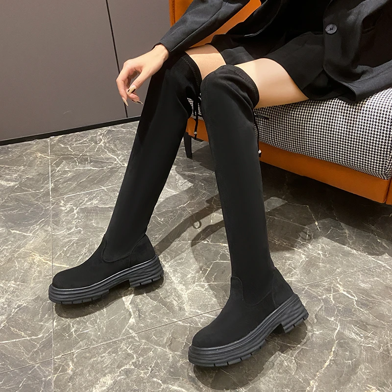 

Winter New Platform Over The Knee Boots Ladies Fashion Stretch Knitted Socks Long Boots Female Slip-On Thick Bottom Shoes Women