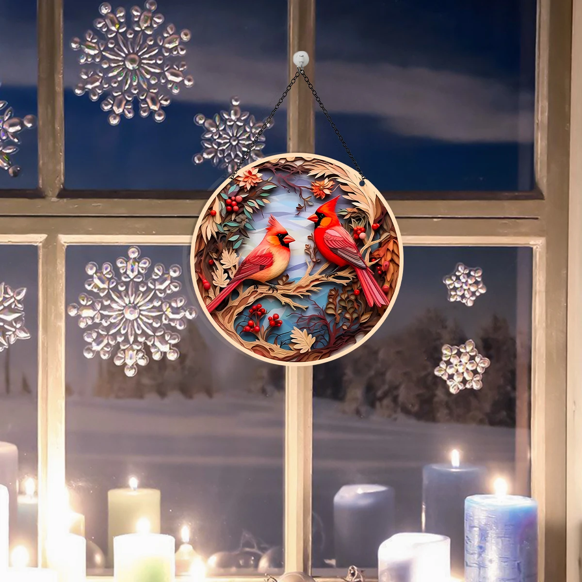 1PC, round red bird window sunshade, high-density acrylic material hanging decoration, home decoration, garden decoration