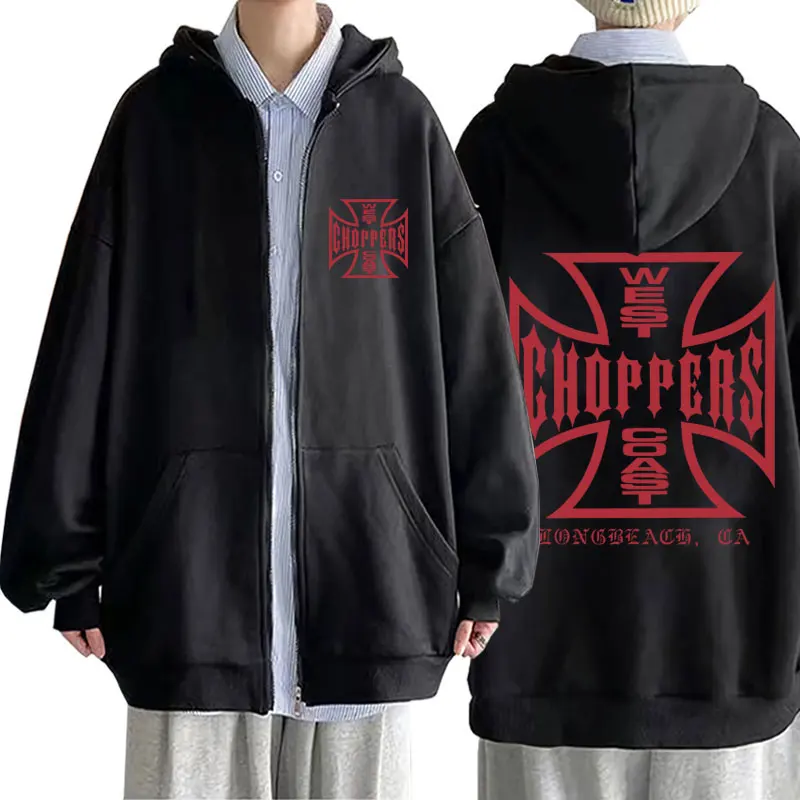 

West Coast Choppers Cross Graphic Zipper Hoodie Male Vintage Streetwear Men's Fleece Hoodies Men Hip Hop Oversized Zip Up Jacket