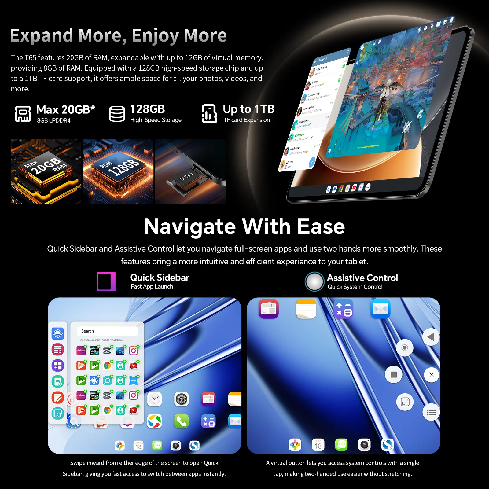 Teclast T65 Tablet 13.4" 2K 120Hz Android 16 Tablets Unisoc T7280 Octa Core Max 20GB RAM 128GB ROM 8000mAh 4G LTE 6