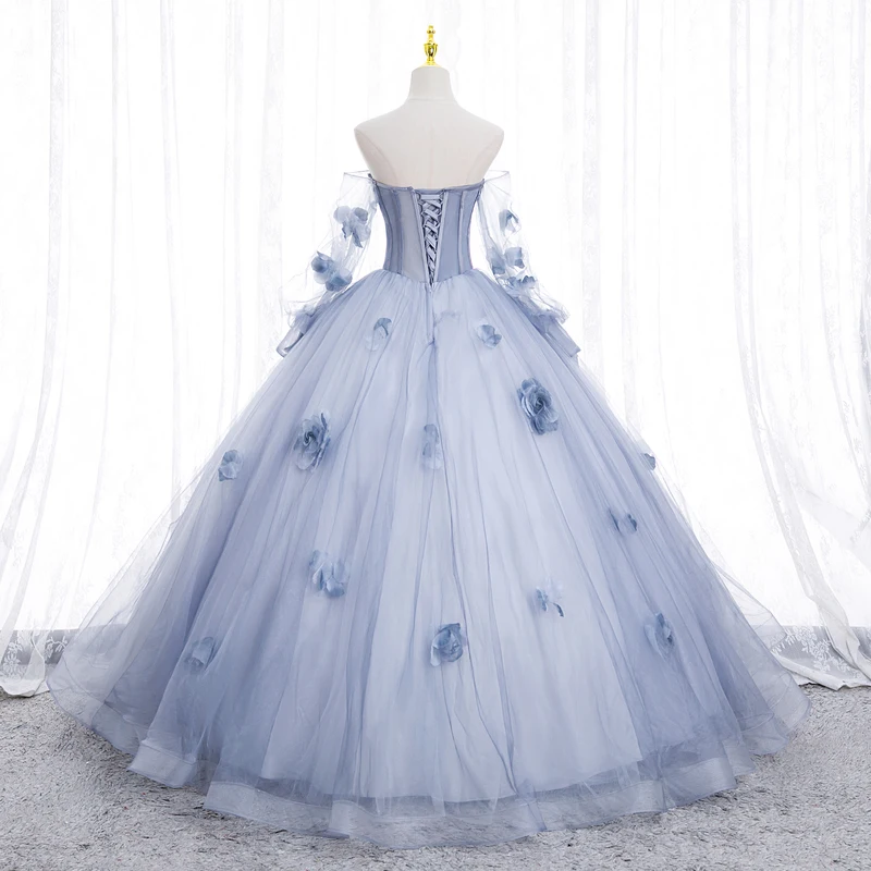 Blue Quinceanera Dress Tulle Appliques Flowers Detachable Sleeeve Strapless Ball Gown
