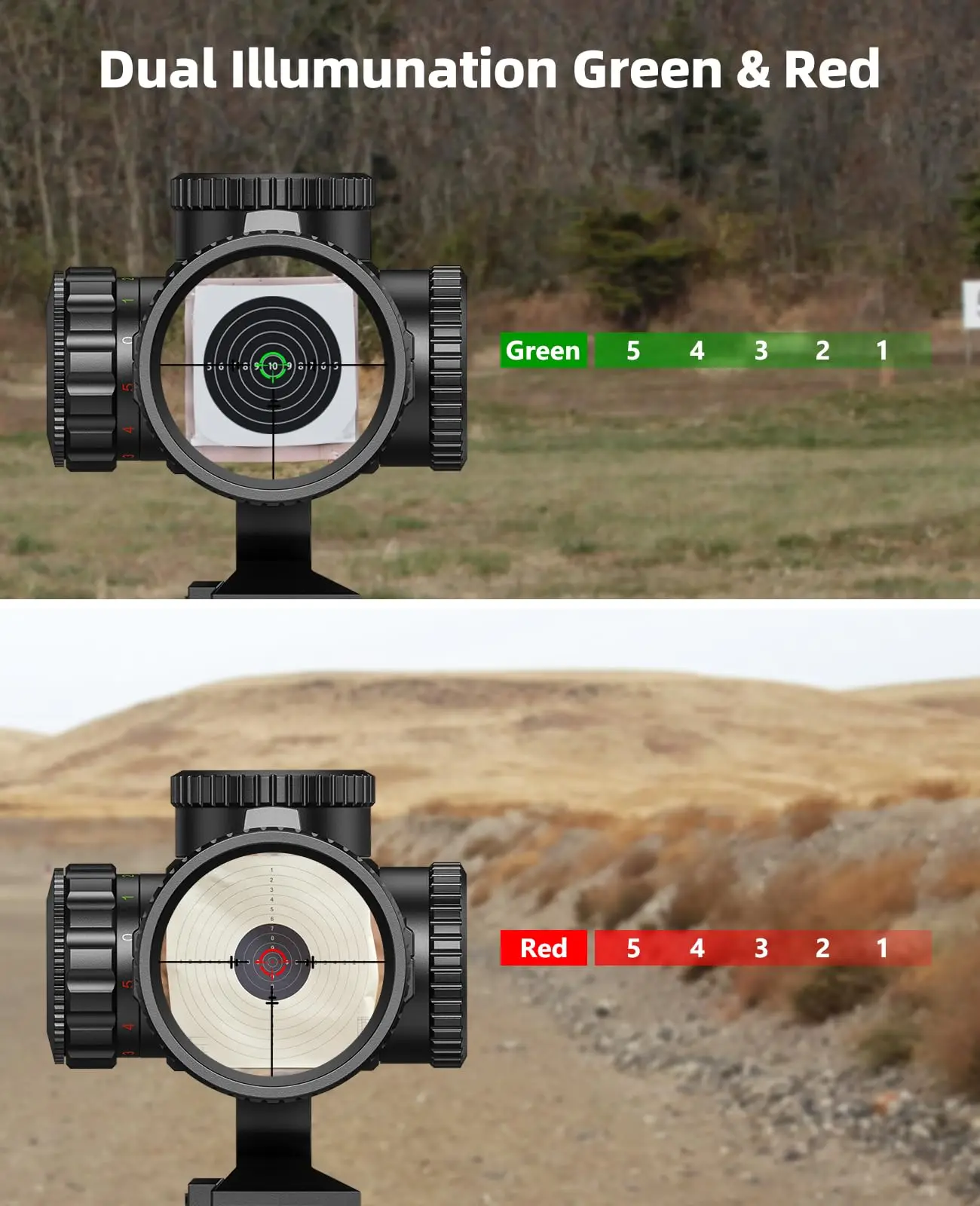 MidTen 1-6X24 LPVO Rifle Scope with 5 Levels Red & Green Illuminated Reticle, 30mm, Black Offset Scope Mount
