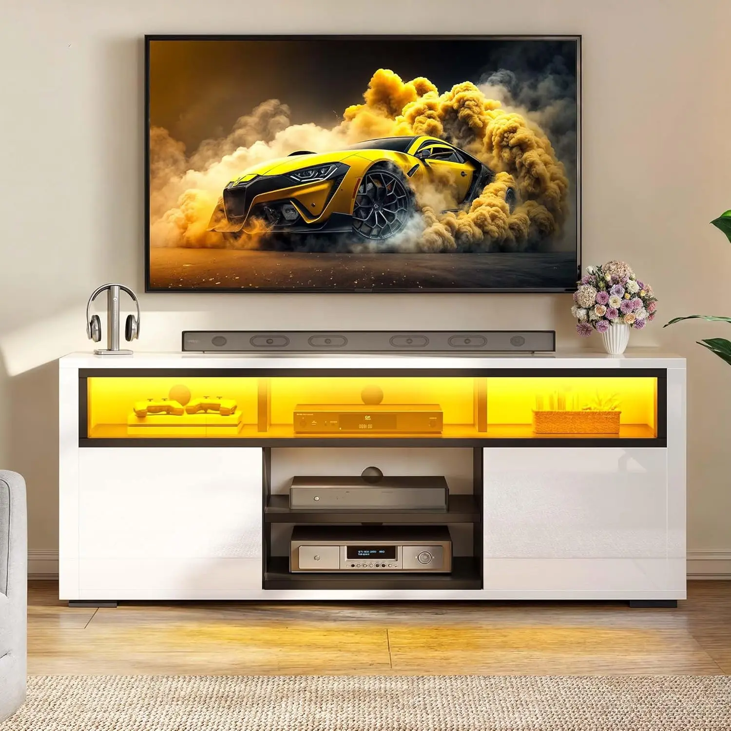 65 inch TV Stand for Living Room Entertainment Center with Storage LED White Modern Stand