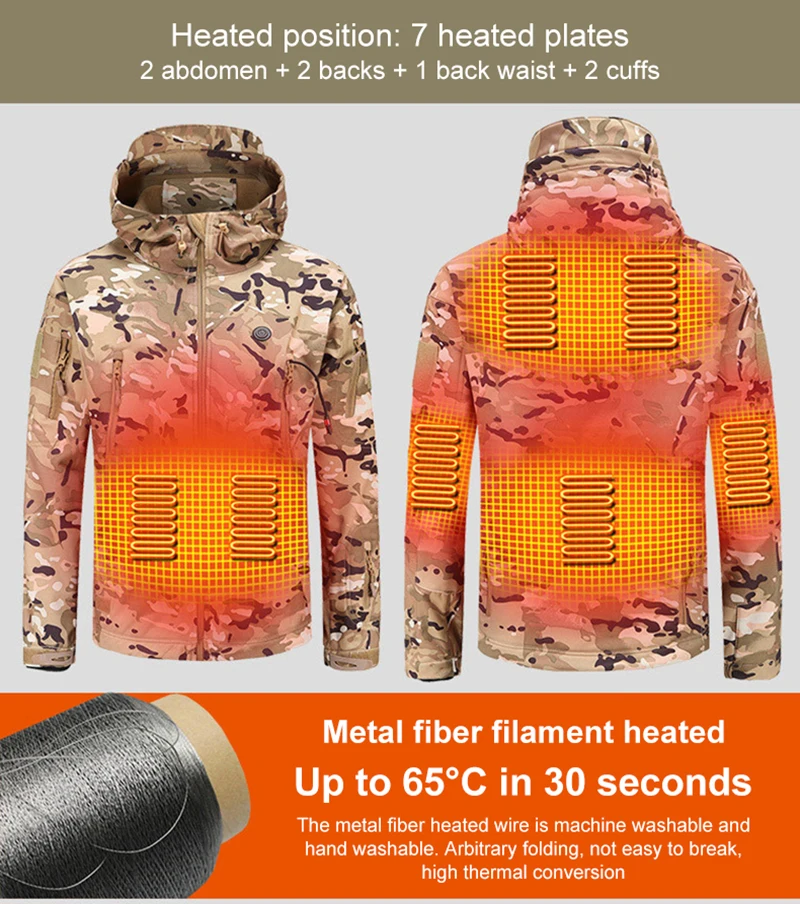 An electric heating jacket with a camouflage design, perfect as a winter accessory.