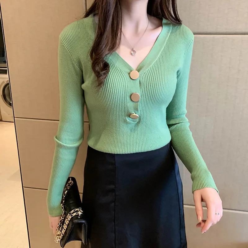 2022 New Spring Autumn Button Knitted Sweater Women Full Sleeve V Neck Tight Fit Inside Ladies Pullover Top turtleneck Sweaters