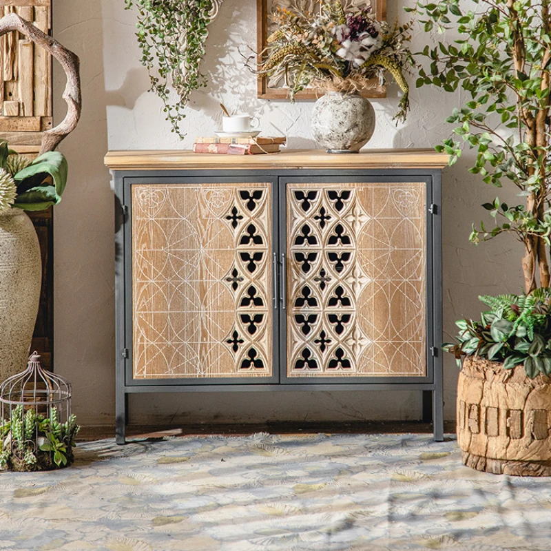 

American-Style Solid Wood Chest of Drawers Retro Porch Carved Curio Cabinet Living Room against the Wall