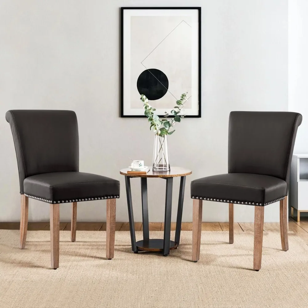 

Leather Upholstered Dining Chair with Nailheads and Solid Wood Legs, Set of 2, Gray