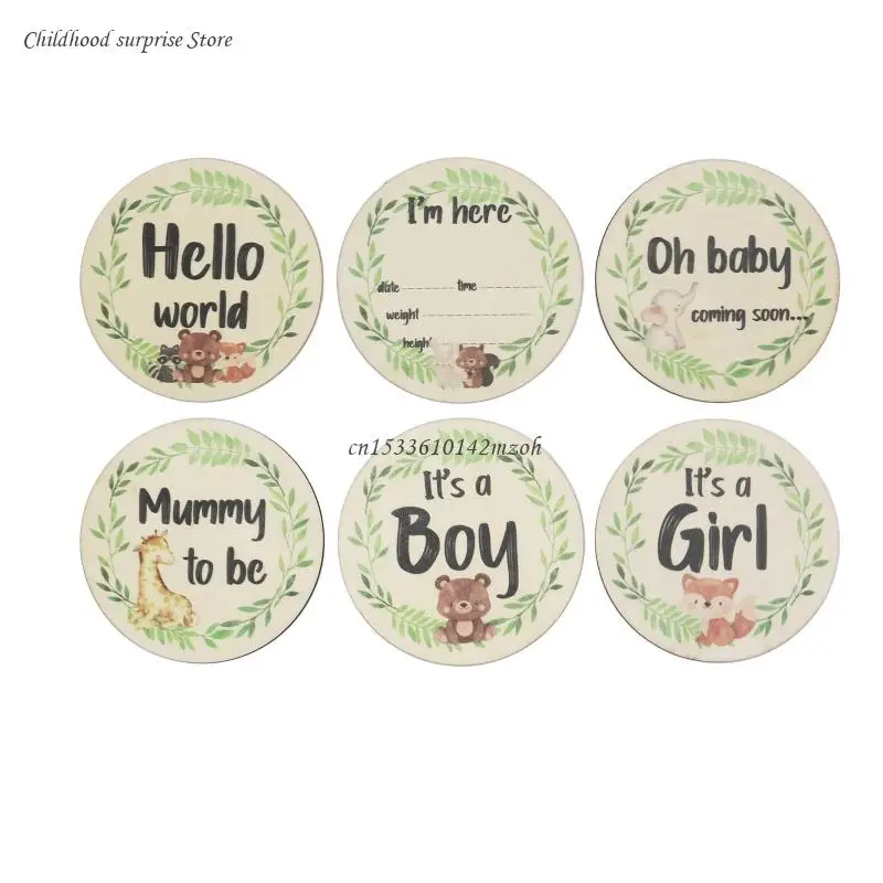 

6 Pcs Cartoon Animal Leaves Printed Gender/Month Wooden Cards Handmade Baby Milestone Cards Newborn Monthly Recording Dropship