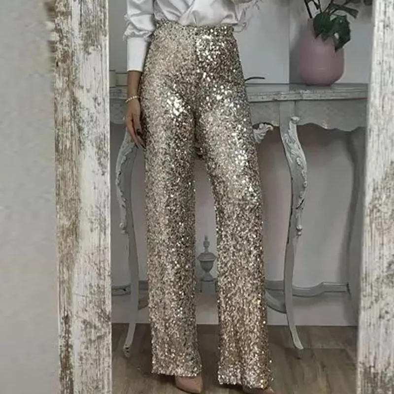 

Women Elegant Glitter Sequin Office Trousers Spring Autumn Casual Loose Wide Leg Pants 2024 Fashion High Waist Straight Trouser