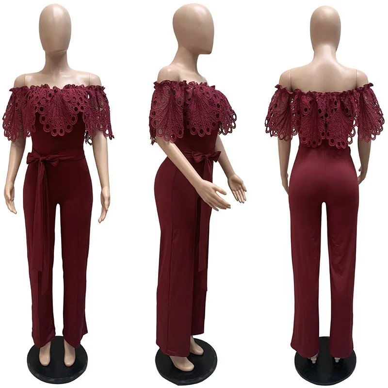 Elegant Ruffles Off Shoulder Birthday Jumpsuits Women Patchwork Ribbon Loose Casual Cargo Pants Overalls for Women Solid Rompers