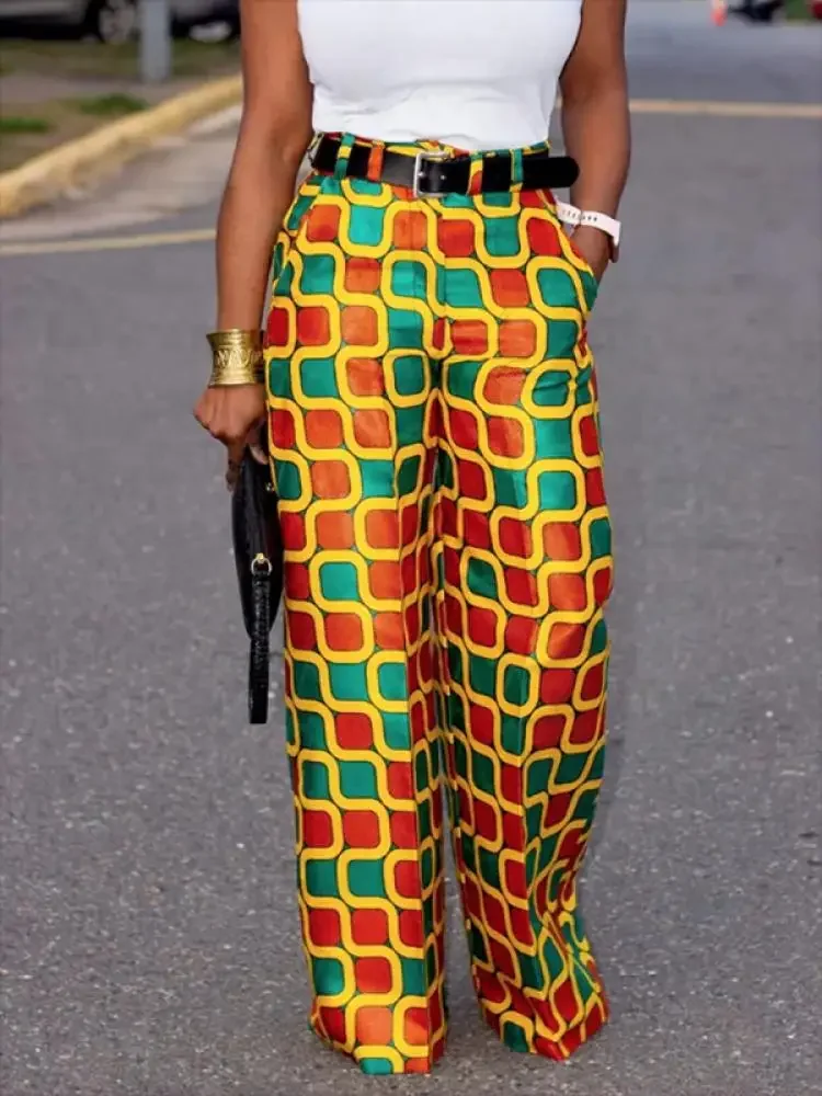 

Gymystars Stylish Geometric Printed High Waist Wide Leg Pants Spring Summer Loose Casual Trousers Bottoms For Women