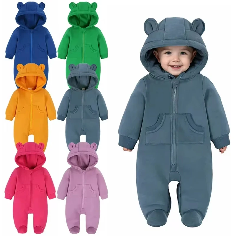 Baby Winter Warm Romper Newborn Solid Pocket Hooded Bear Thick Clothes 0-24M Infant Korean Boy Girl Outfits Bodysuit
