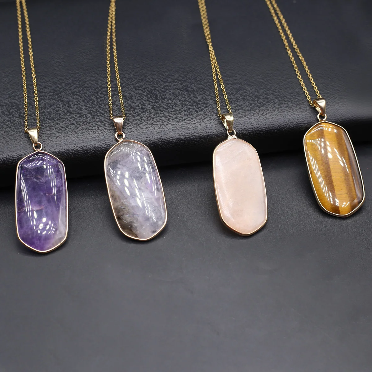 

Natural Agates Pendant Necklace Hexagonal Natural Stone Pendant 18K Gold Color Chains for Women Making Men DIY Jewerly 21x47mm