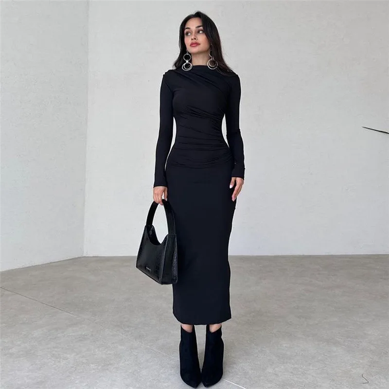 Autumn and Winter New Women's Round Neck Long-sleeved Solid Color Dress Fashion Elegant Pullover Long Casual bodycon Dress