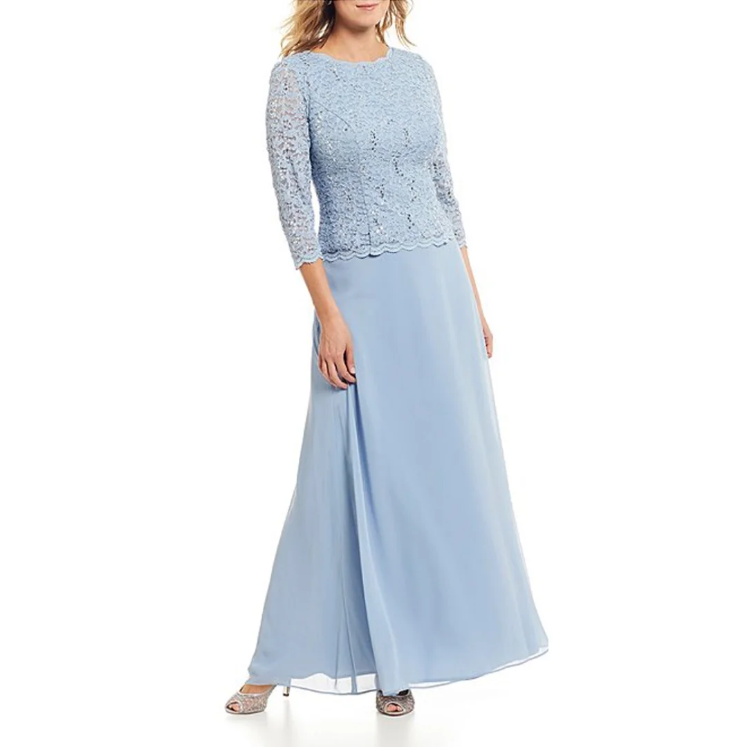 

Serene Sky Blue A-Line Gown with Lace Top and Sheer Three-Quarter Sleeves Mother of the Bride Dress Wedding Spring Formal Events