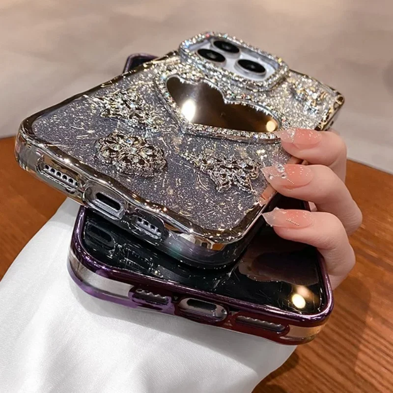 Elegant Heart Makeup Mirror Case with Plating Butterfly and Glitter Diamond Design