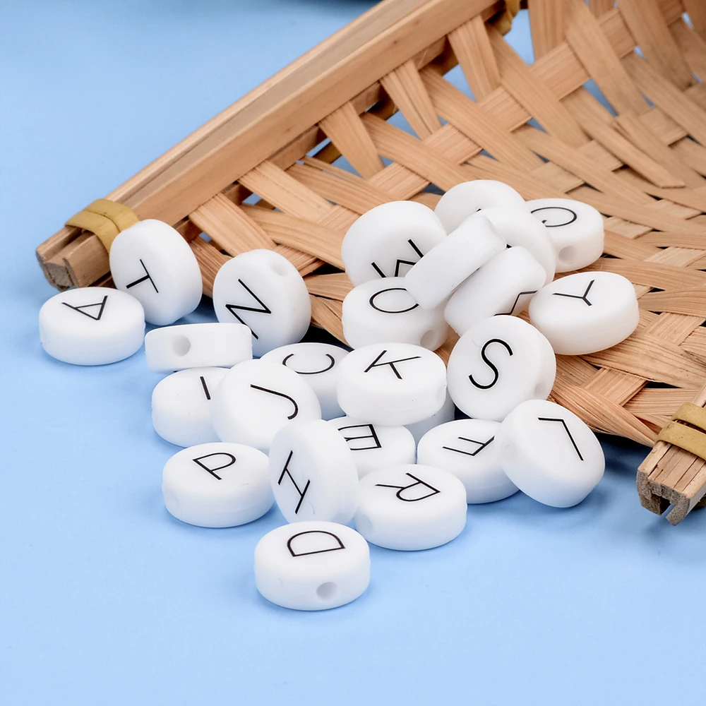 LOFCA 12 mm 100 Stück flache runde Silikonperlen in Lebensmittelqualität, Buchstaben-Beißringe, lose Kau-Alphabet für personalisierte Namens-DIY – Detail 9
