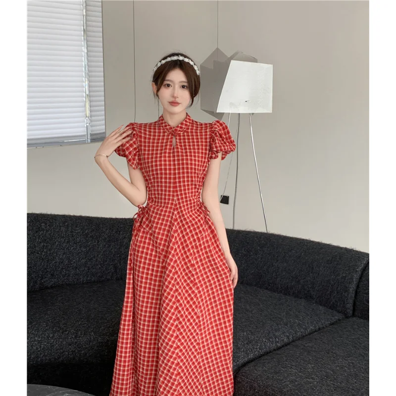 

Plaid Hollow Out Dress New Chinese Style Puff Sleeves Waist Draw String A-LINE Dresses Summer Casual Sweet Women's Dresses