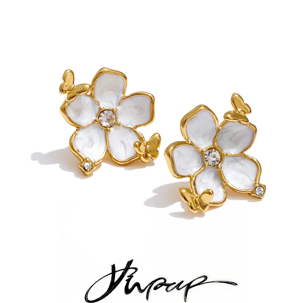 Yhpup Fashion Zirconia Pearls Enamel Flower Sweet Stud Earrings