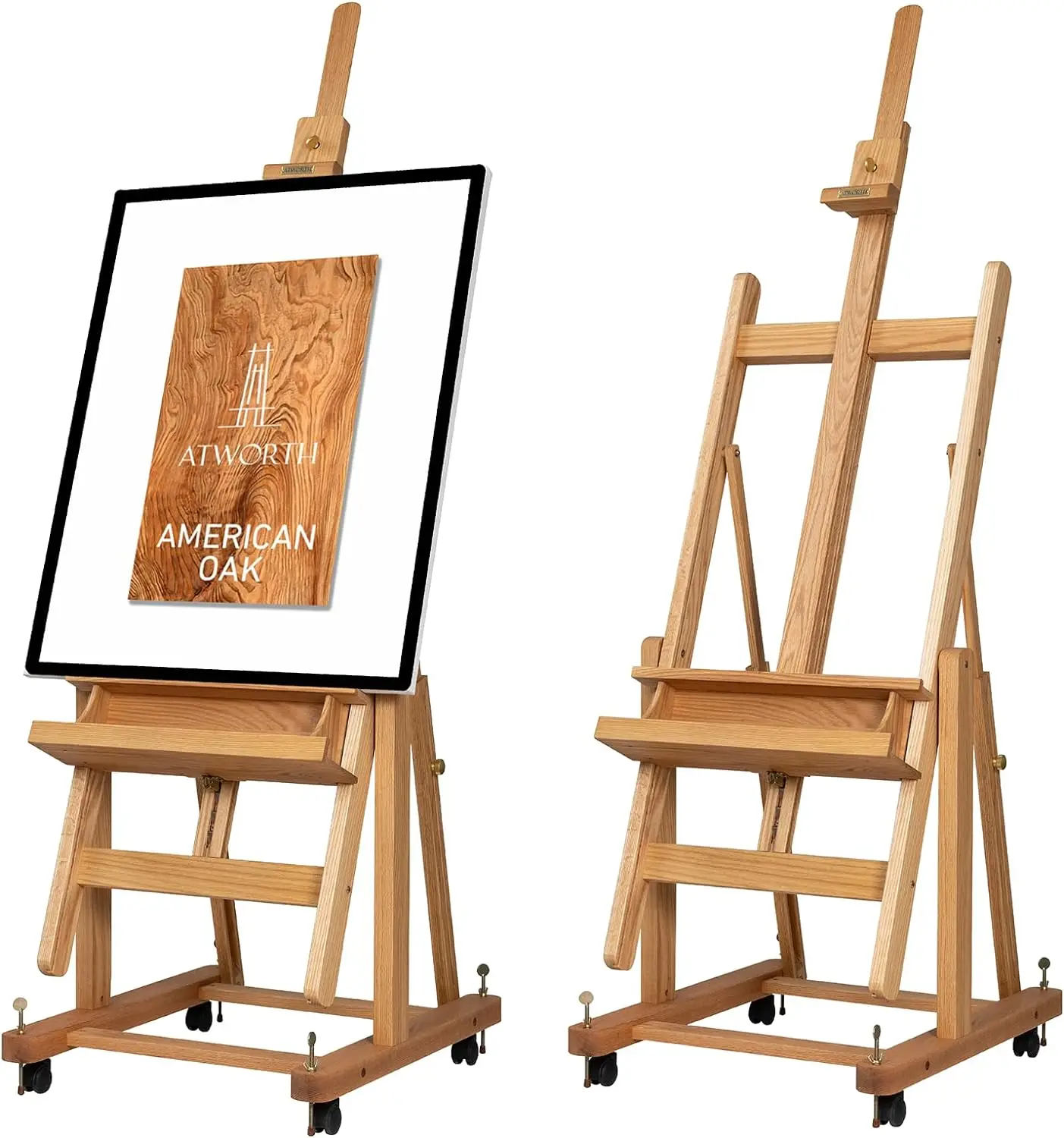 

Oak Extra-Large H-Frame Artist Easel, Hold Canvas up to 82”, Deluxe Wooden Floor Easel Stand with 4 Casters & Levelling Bolts