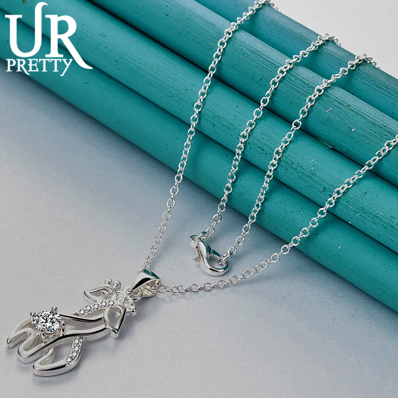 

URPRETTY 925 Sterling Silver Deer AAA Zircon Pendant Necklace 16-30 Inch Chain For Woman Wedding Engagement Party Charm Jewelry