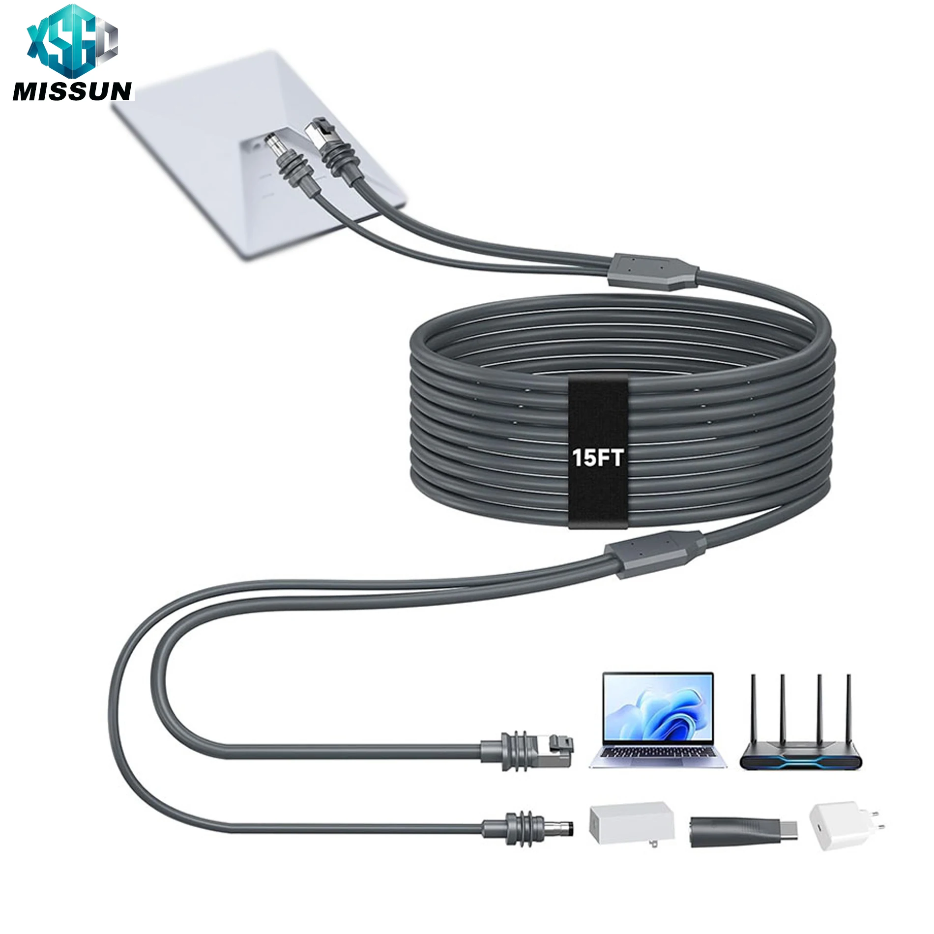 Cabo Ethernet Padrão 2 em 2 com Carregamento Rápido USB C de 5M, Cabo de Dados DC para USB C para Starlink Mini