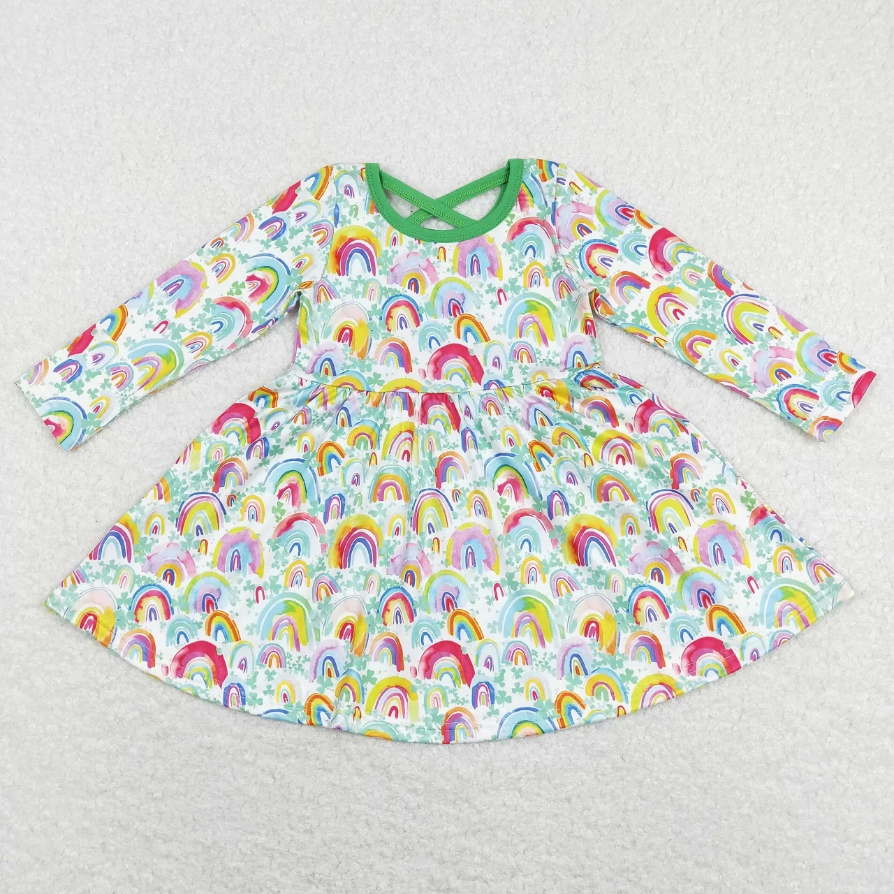 All'Ingrosso Neonata Maniche Lunghe Verde Twirl Vestito Bambino Lunghezza Al Ginocchio Un Pezzo Bambini Bambini Giorno Di San Patrizio Vestiti Arcobal