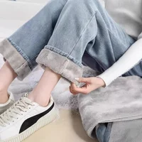 High Waist Fleece Lined Wide Leg Jeans Women's Autumn Winter New Style Slimming Warm Loose Straight Floor Length Trendy Jeans