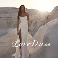 Customized Simple Stain Strapless Pleat Mermaid Wedding Dresses Sleeveless Side Slit Backless Floor Length Formal Bridal Gown 1
