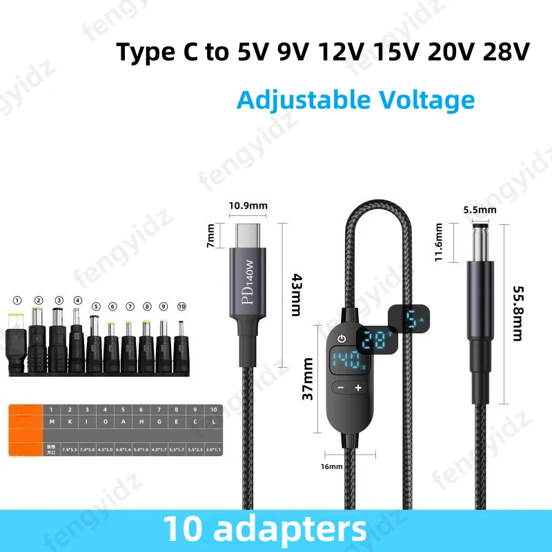 USB C-DC 전원 부스트 케이블 140W 타입 C-5V 9V 12V 15V 20V 28V 조절 가능 전압 어댑터 연결 코드 (노트북, 라우터용)