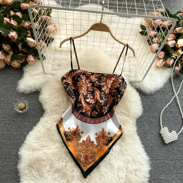 Women Sexy Backless asymmetrical lace-up Camis Print Tank Top Chic One-piece Corset Bustier Summer Beach vacation Crop Top