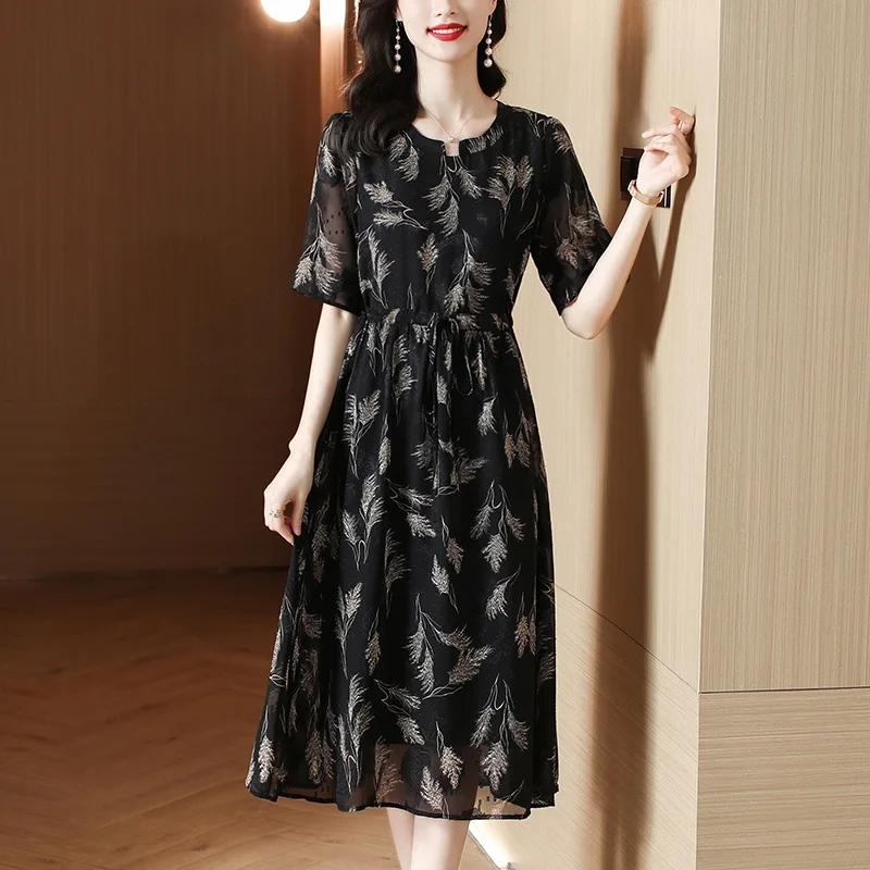 

2023 New Fashion Silk Printed Dress Women's Summer Elegant Fragmented Round Neck Loose Fit Casual Party Dress Vestidos