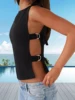 Women's Sleeveless Boat Neck Tank Tops with Side Buckle Detail - Solid Color Fit Vest for Summer Style 14