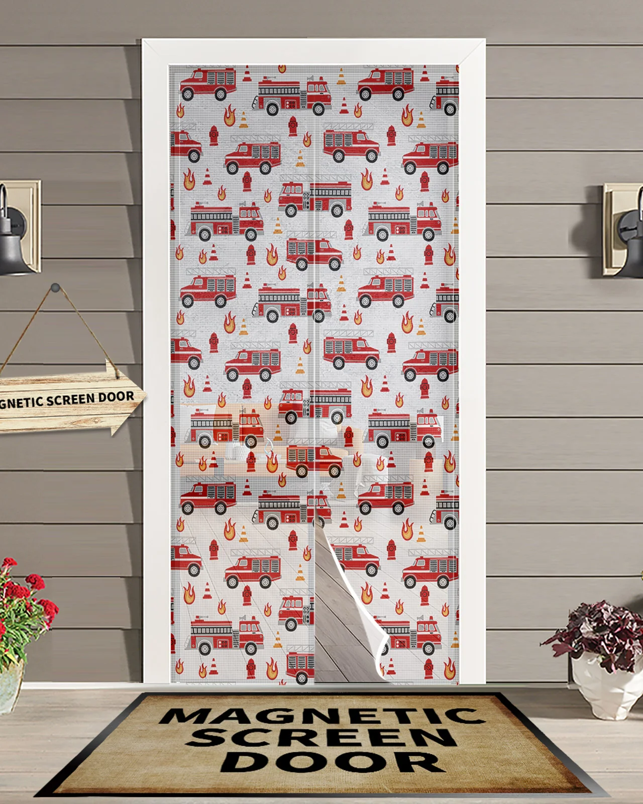 

Cartoon Fire Truck Magnetic Door Curtain Summer Living Room Bedroom Home Anti-mosquito Screen Door Curtain