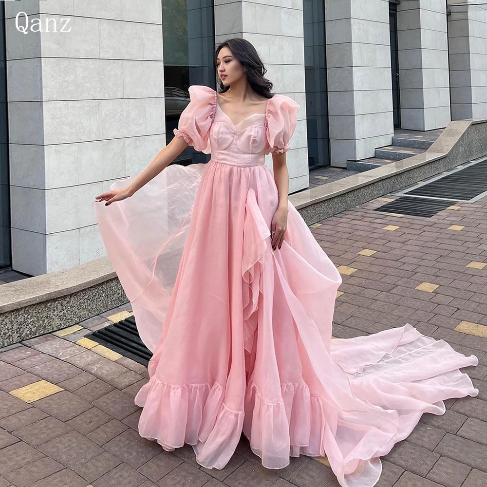 

Qanz Pink Tulle Korean Evening Dresses Sweetheart Puff Sleeves Long Prom Gowns With Tail Formal Party Dress Split Robe De Soiree