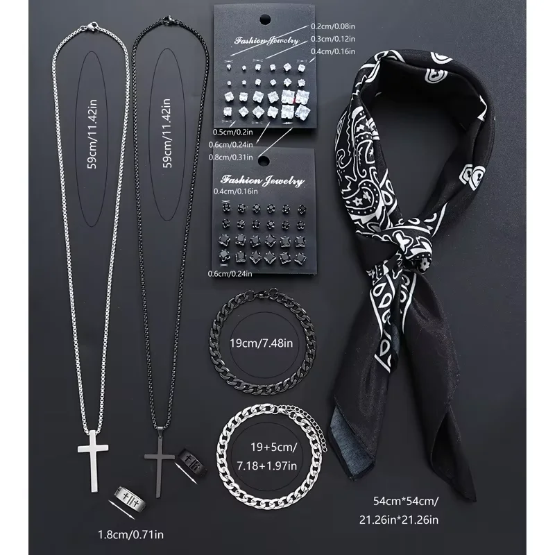 55 Pcs Stainless Steel Jewelry Set for Men Punk Hip Hop Zircon Stud Earrings Link Bracelet Cross Pendant Necklace Bandana Sets