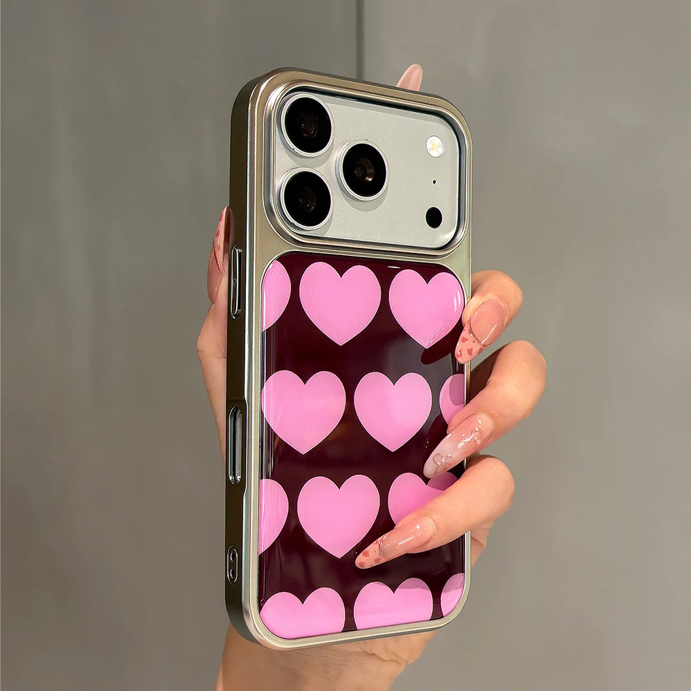 Chic Pink Love Heart Wine Red Hard Plastic Phone Case with Electroplated Frame and Drip Glue Back Cover