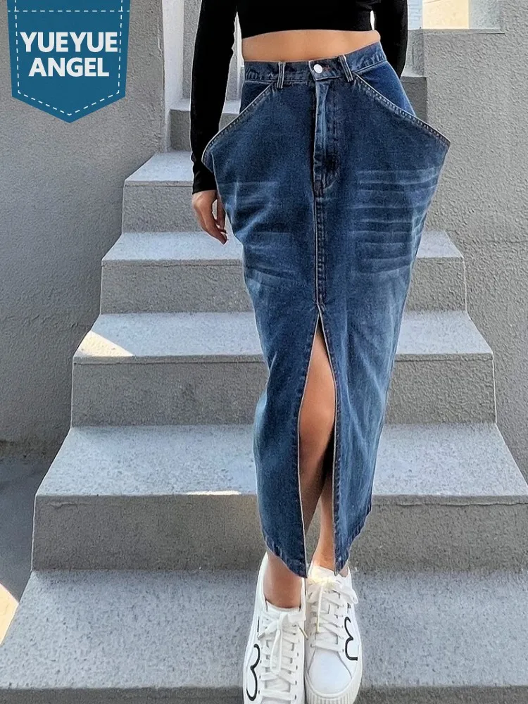 Designer Denim Skirt Women High Waist Mid Calf Front Split Fashion