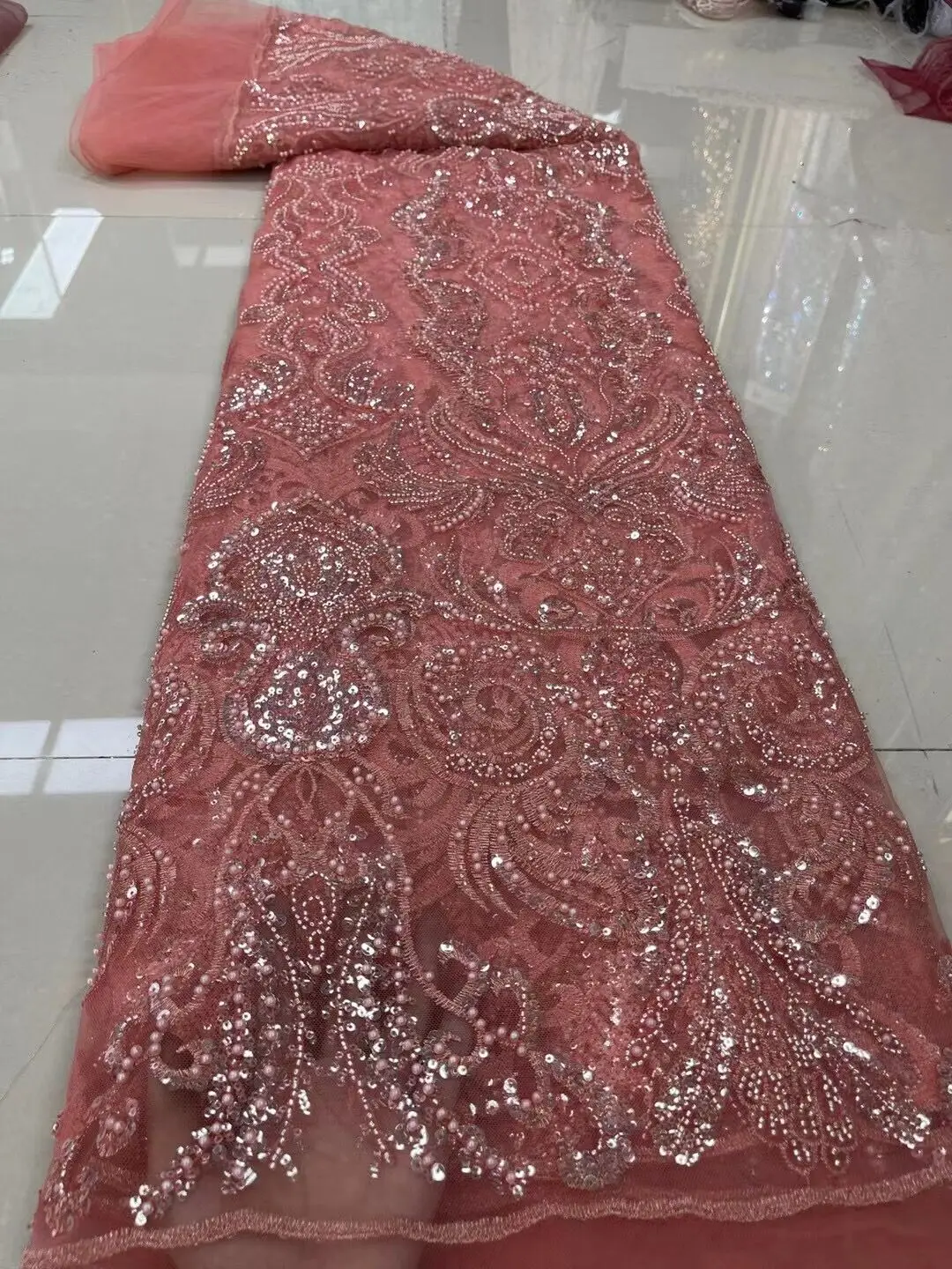 

African ZH-1206284 Beads And Sequins Lace Fabric French Bridal Lace Fabric Luxury Quality Embroidery Tulle Lace Fabric