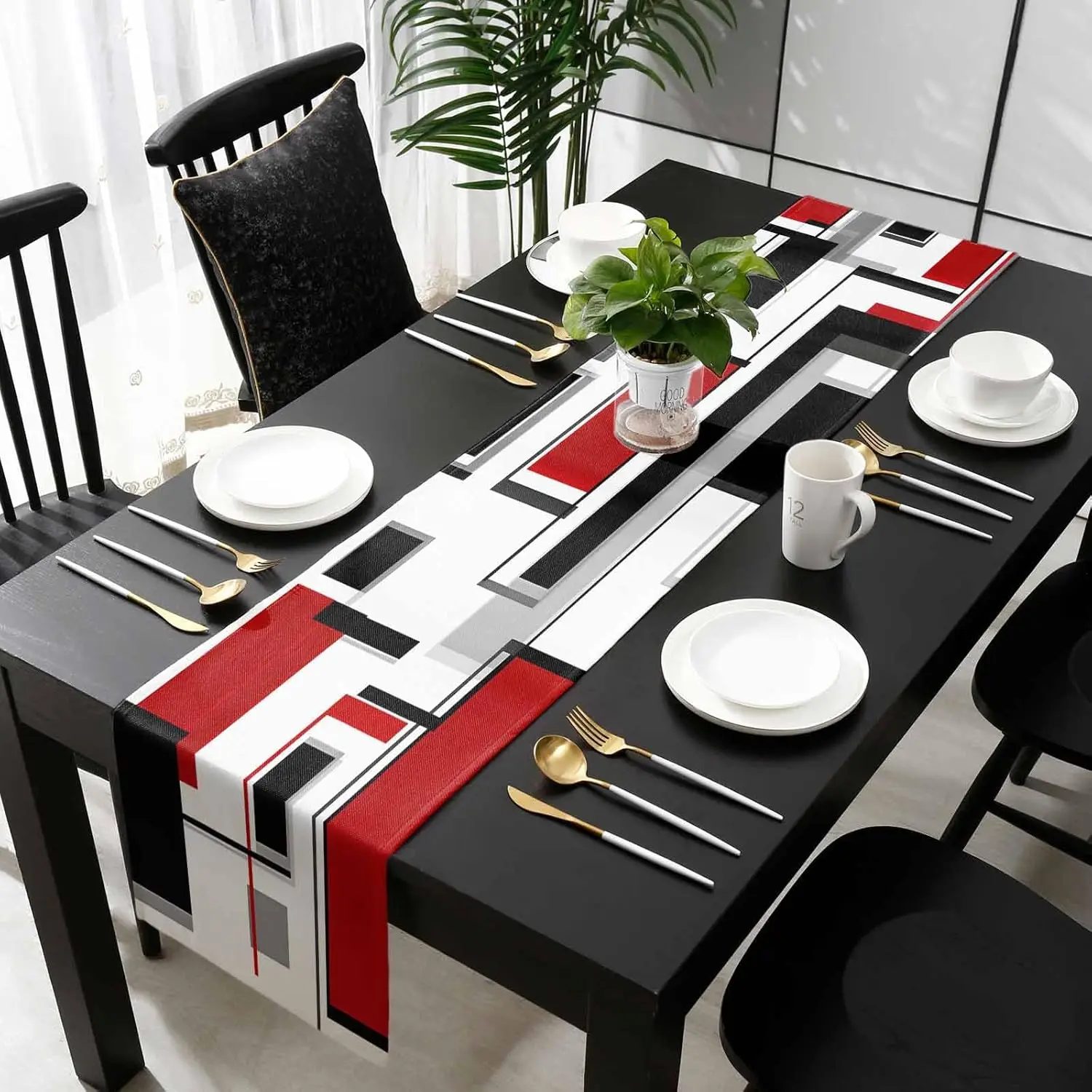 Red Black Boho Color Block Linen Table Runner Holiday Party Decor Geometric Abstract Table Runners Kitchen Dining Table Decor 2