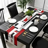 Red Black Boho Color Block Linen Table Runner Holiday Party Decor Geometric Abstract Table Runners Kitchen Dining Table Decor 2
