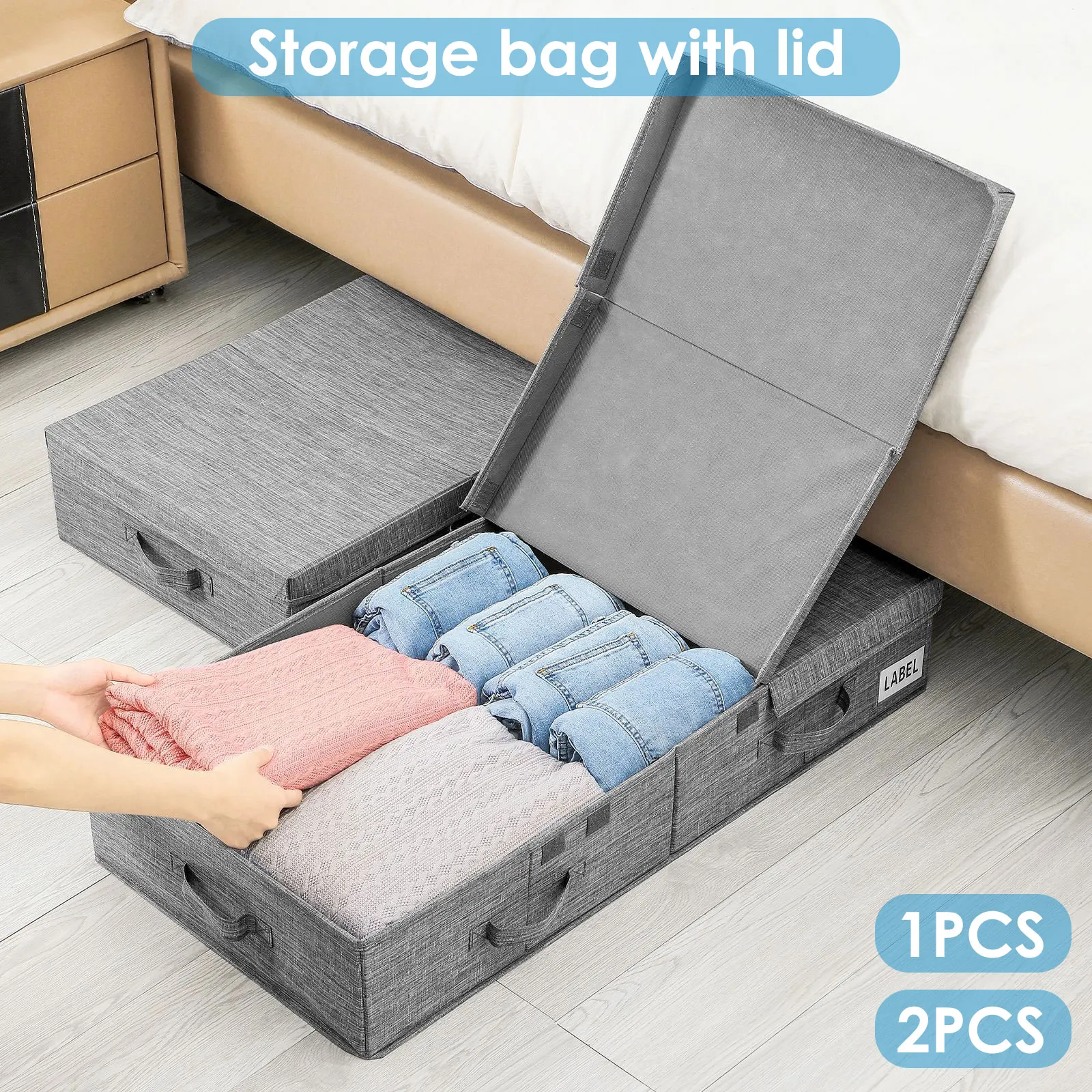 

1/2Pcs Under Bed Bag with Lid Foldable Underbed Storage Bin Large Capacity Clothes Bag Organizer 4 Reinforced Handle Oxford
