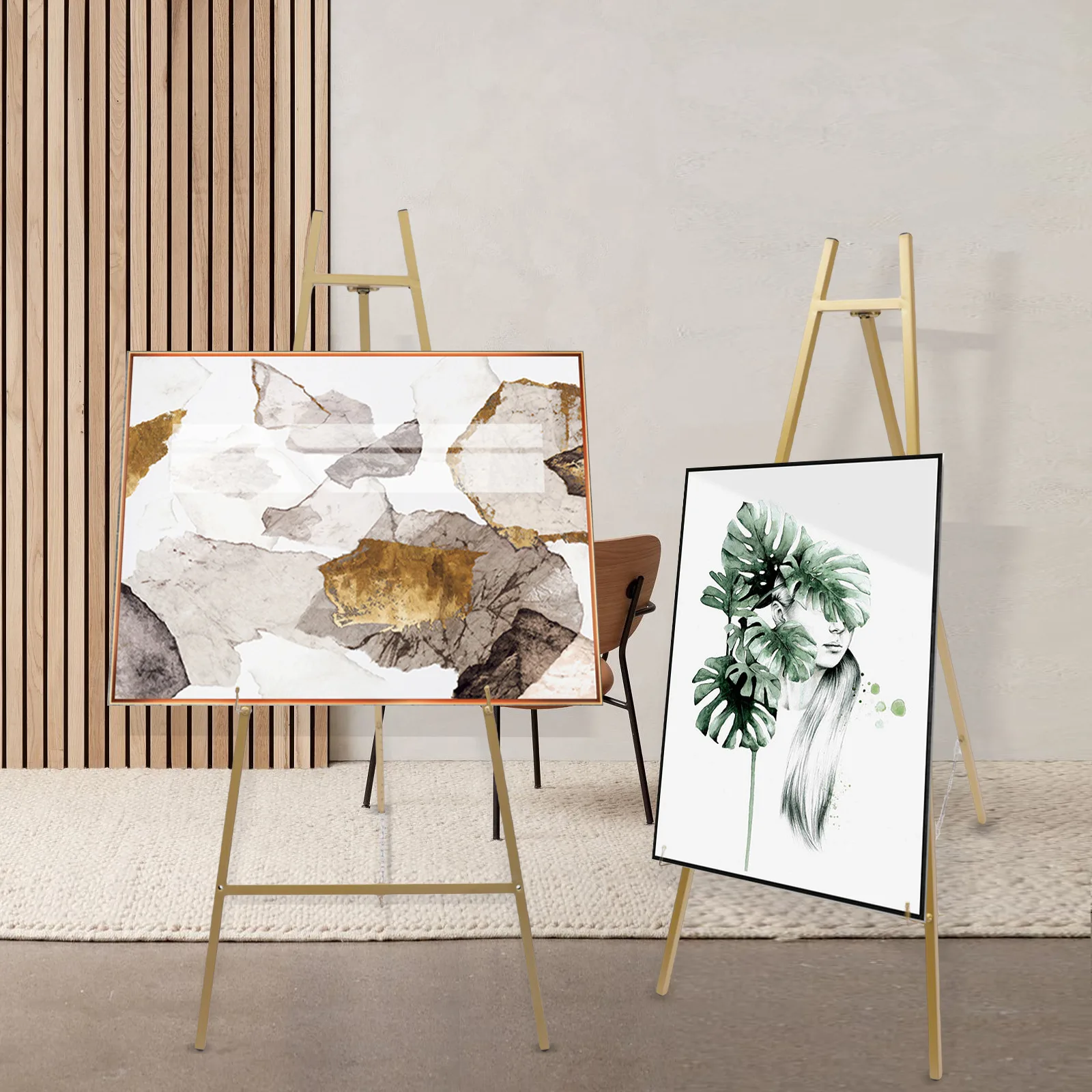 2Pcs Golden Wedding Welcome Display Frame Foldable Drawing Poster Stand Elegant Tall Steel Pipe Rack