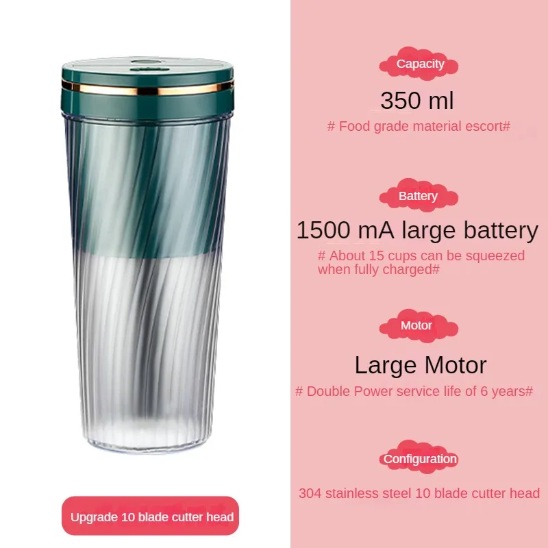 Tragbarer Milchshake- und Smoothie-Mixer mit 10 Klingen, leistungsstarker Saftkrug mit wiederaufladbarem USB für Zuhause, Büro, Sport, Outdoor.