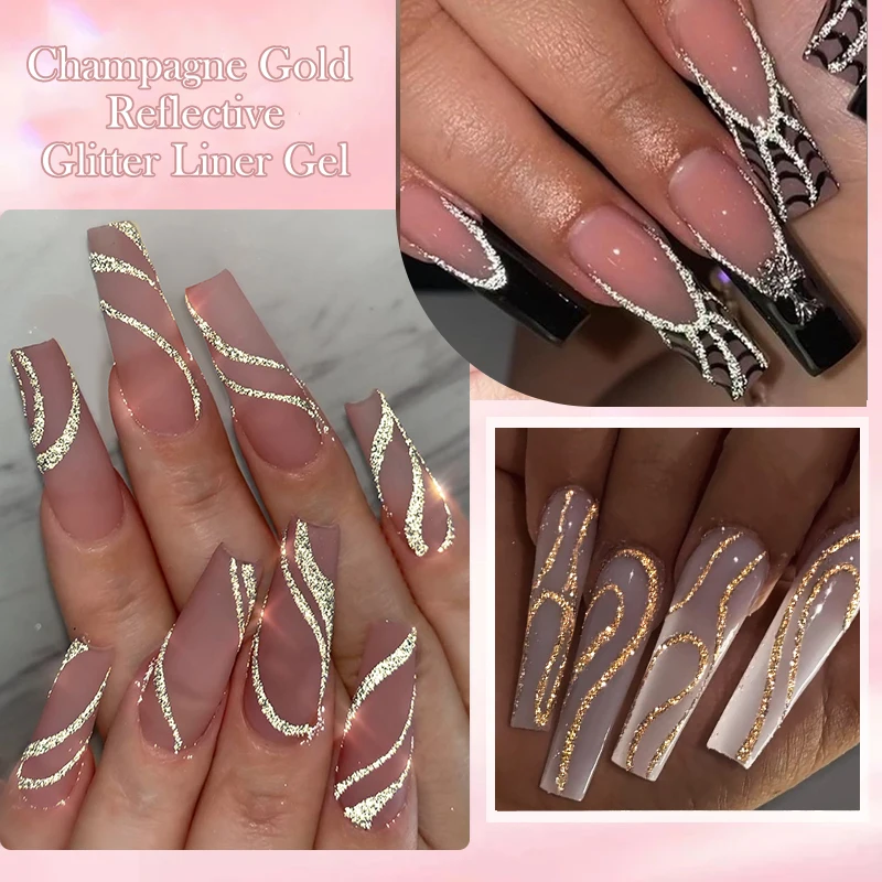 Lilycute 5Ml Champagne Goud Reflecterende Glitter Liner Gel Nagellak Heldere Sprankelende Franse Semi-Permanente Nagellak Uv-Gel